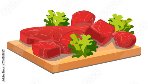 Raw beef pieces vector on wooden cutting board with green leaves, illustration for fresh meat and cooking design.
