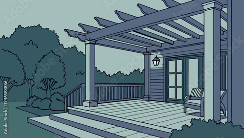 Evening Backyard Patio with Pergola and Seating Area Illustration.