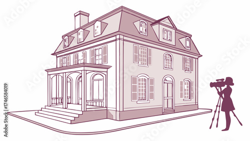 Filming a large house with a camera on a tripod.