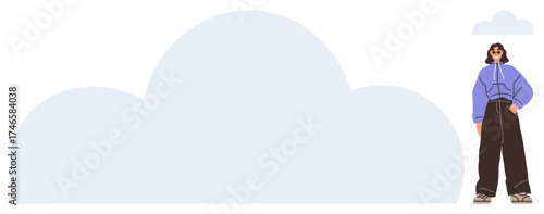 Woman in purple hoodie and brown pants stands confidently beside a large abstract cloud shape under a smaller cloud. Ideal for concepts thumbs up individuality, self-confidence, minimalism