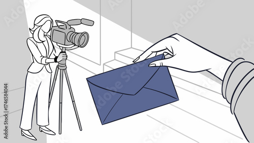 Filming a video message with a camera on a tripod envelope delivery news report concept illustration.