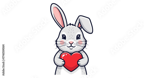 Adorable bunny holding red heart illustration on white background for greetings