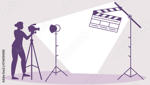Filmmaking production video shooting movie making director camera lighting clapperboard tripod studio setup film equipment movie production video production filmmaking process behind.