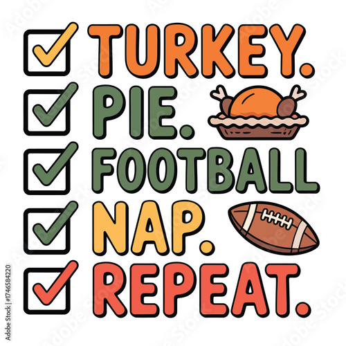 Thanksgiving checklist with turkey pie and football