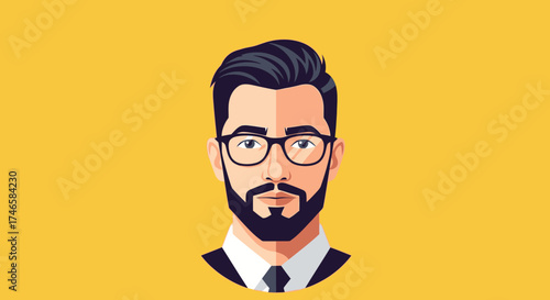 Stylized portrait of a man with beard glasses and formal attire on yellow background