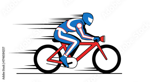 Stylized illustration of a cyclist racing on a red bicycle against a white background