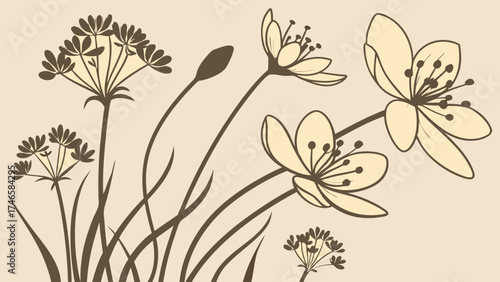 Floral illustration stylized flowers botanical art nature design beige background elegant flowers simple flowers minimalist floral line art flowers graphic flowers vector flowers bloss.