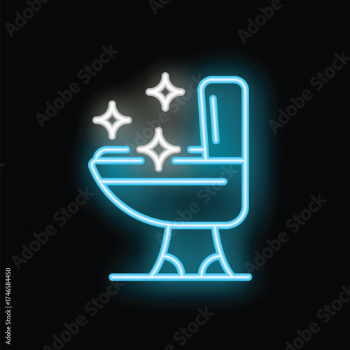 Blue neon toilet bowl is shining with cleanliness, illuminating a dark background