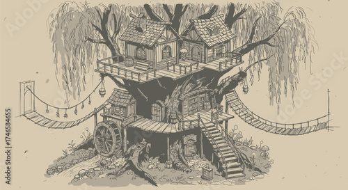 Whimsical Fantasy Treehouse Illustration: Detailed Architectural Concept Art
