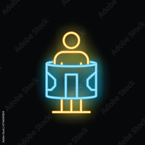 Neon icon of a person standing in a cryotherapy chamber, representing wellness and recovery