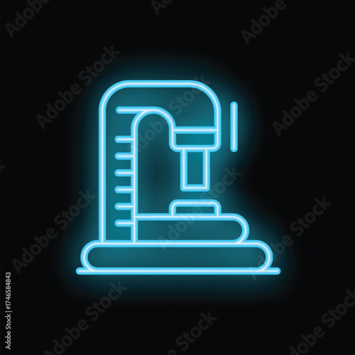 Glowing blue neon icon of a drilling rig extracting oil on a black background