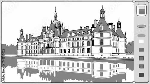 Grayscale illustration of a grand European-style palace reflected in water.