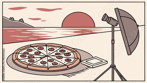 Pizza Photography Sunset Beach Scene Food Illustration Delicious Pizza Studio Lighting Graphic Design Menu Design Restaurant Promotion Food Blog Recipe Illustration Culinary Art Pizza.