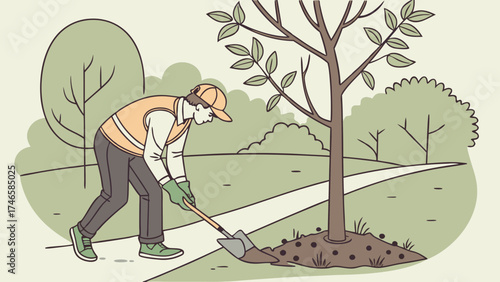 Planting a tree person digging gardening landscaping environmental conservation ecology nature spring summer outdoor work green space park shovel earth soil tree planting voluntee.