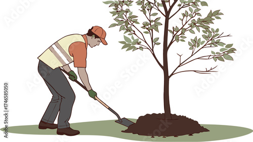 Planting a tree person digging gardening landscaping soil shovel tree planting environmental conservation nature worker agriculture horticulture earthworks groundworks outdoor work.