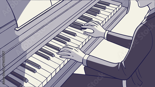 Playing a Grand Piano Musical Hands on Keys Illustration.