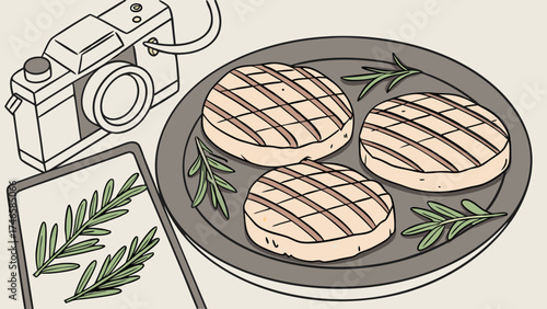 Grilled patties with rosemary and camera illustration food photography cooking recipe restaurant menu culinary art flatlay overhead shot top view illustration graphic design vintage ca.