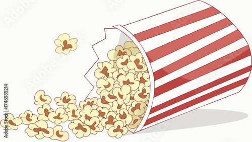Popcorn spilling from striped container movie snack illustration food graphic design.