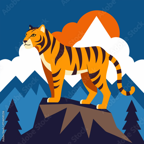 Wild Tiger Standing on Rock with Mountain Landscape – Adventure Wildlife Scene Vector Illustration