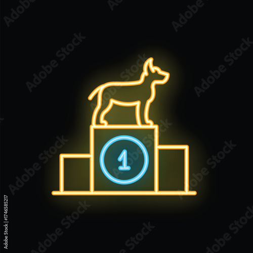 Neon glowing icon of a dog standing on a podium for a dog show competition