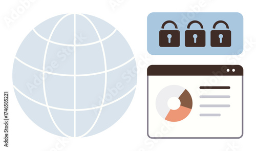 Globe representing global connectivity, secure locks for cybersecurity, and analytic dashboard. Ideal for technology, protection, data analysis, global networking, security, online safety simple
