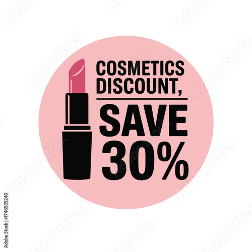 Cosmetics discount banner with 30 sale isolated on white background promotion of beauty business with lipstick