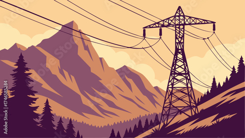 High Voltage Power Lines in Mountain Landscape Electricity Transmission Nature Background Illustration.
