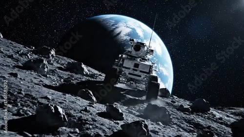 Wallpaper Mural A lunar rover explores a rocky, desolate moon surface with a large, blue Earth visible in the background. Torontodigital.ca