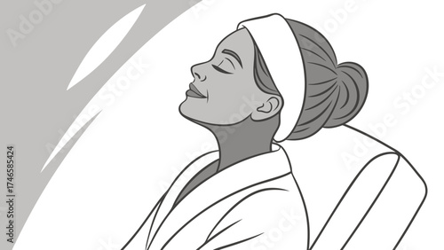 Relaxing woman in spa robe grayscale illustration peaceful facial treatment beauty salon skincare wellness head band profile view.