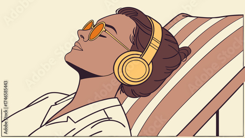 Relaxing Woman Listening to Music with Headphones and Sunglasses on a Striped Lounger.
