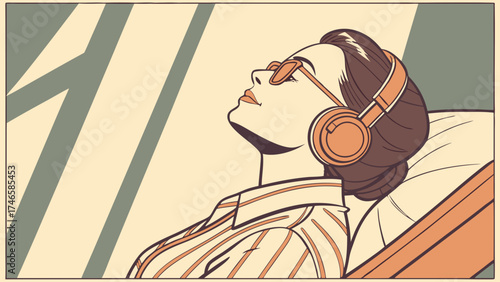 Relaxing Woman Listening to Music with Headphones in Retro Style Illustration.