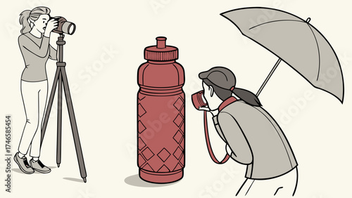 Illustration of two photographers shooting a product photography session one with a tripod and one using a reflector umbrella.