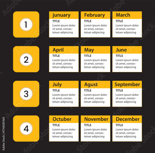 Quarterly Calendar Infographic Template with 12 Monthly Steps,,