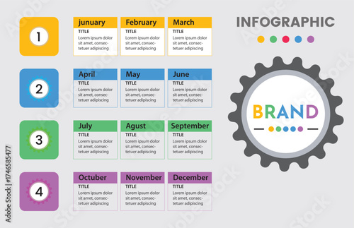 Quarterly Calendar Infographic Template with 12 Monthly Steps,,
