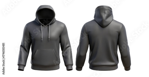 A gray hoodie displayed from the front and back on a black background for product visualization Isolated on transparent background, png