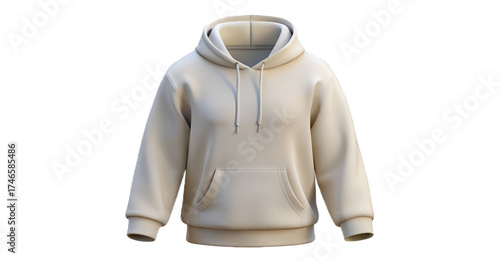 A front view of a cream colored hoodie with a hood and drawstrings against a black background plain style Isolated on transparent background, png