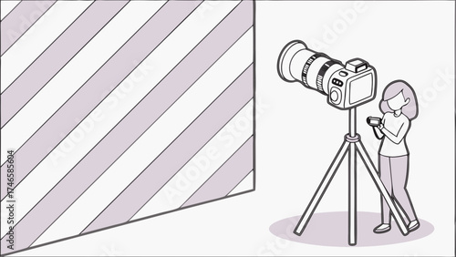 Isometric Illustration of a Person Using a Camera on a Tripod with a Striped Background.