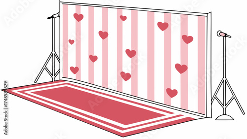 Romantic backdrop with microphones and red carpet for events and celebrations.