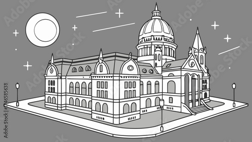 Isometric illustration of a grand building at night architectural design urban scene vector art.