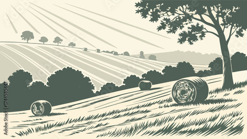 Rolling Hills Landscape with Hay Bales and Trees Rural Idyll Summer Farm Scene Illustration.