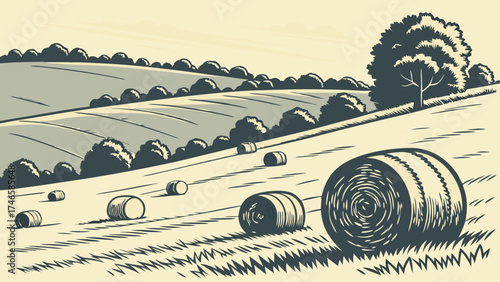 Rolling Hay Bales in a Scenic Rural Landscape Illustration.