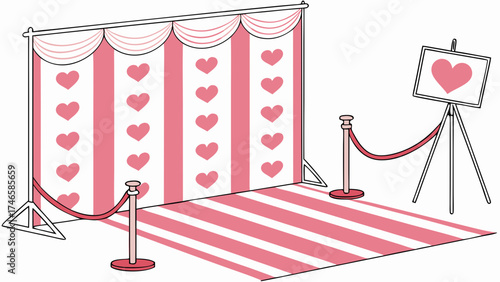 Romantic Event Backdrop with Heart Design and Red Carpet Illustrated Graphic for Valentines Day Wedding or Party Invitation.