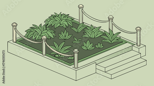 Isometric Illustration of a Raised Garden Bed with Plants and Fence.