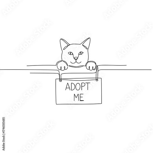 Cat holding adopt me sign, cute pet animal illustration in minimal black line art, friendly adoption message and playful paws