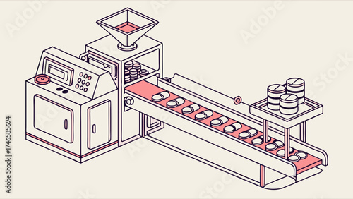 Isometric Illustration of an Automated Pill Production Line Showing Pills Moving on a Conveyor Belt into Containers.
