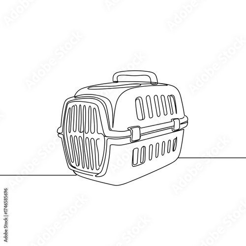 Animal carrier box minimal illustration, pet transport container in black line art for travel, adoption and veterinary concepts