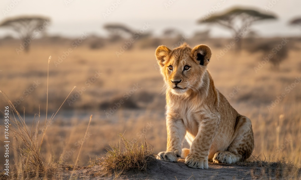 Obraz premium Young lion cub sits alert in golden savanna, looking off-camera. Trees dot the background