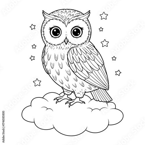 Owl on a cloud surrounded by stars, cute big-eyed owl sitting on fluffy cloud in night sky illustration