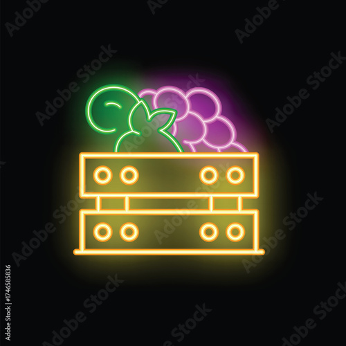Neon icon of grapes growing in a wooden crate, with a black background and glowing green and purple lights