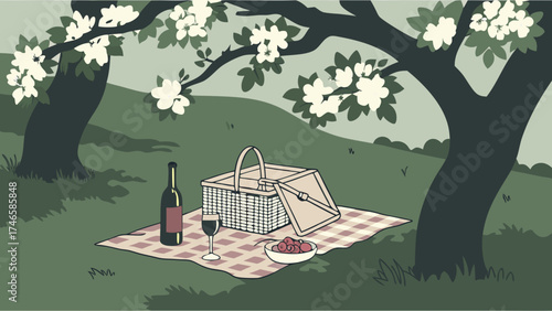 Romantic picnic scene under blossoming trees wine basket checkered blanket spring summer nature illustration.